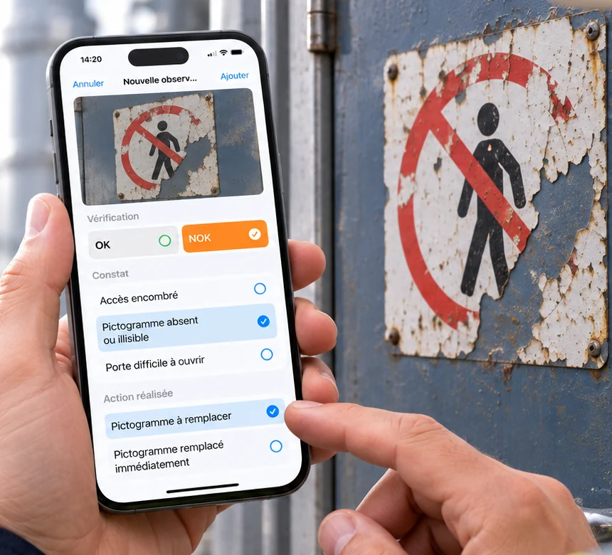 Technicien devant un pictogramme dégradé ; sur l’iPhone, une observation NOK avec la photo et l’action à prévoir.