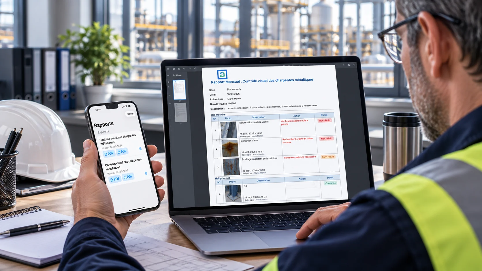 Liste des rapports sur iPhone et PDF des charpentes métalliques sur ordinateur : Site Inspectly, photos, constats, actions et statuts. Les données sont reprises en texte sous la scène.