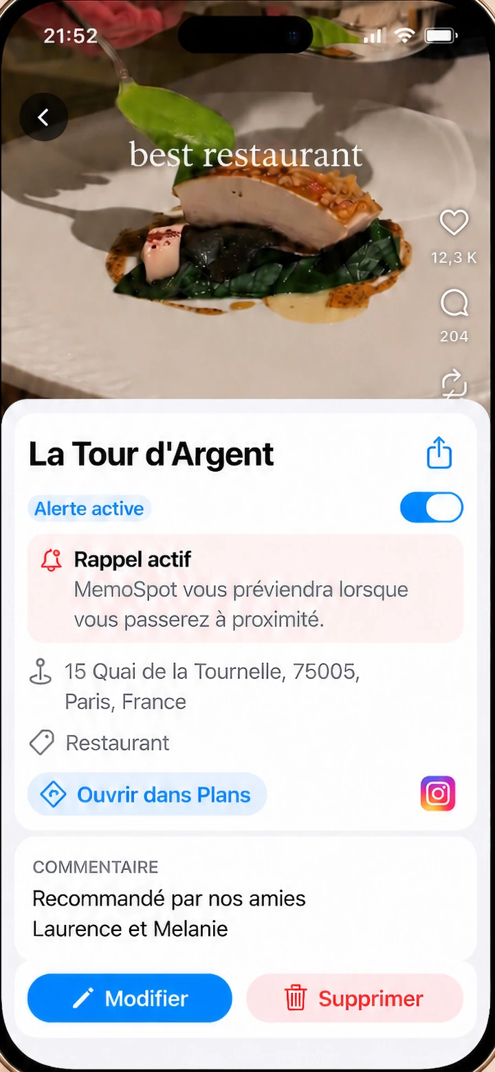 Fiche MemoSpot de La Tour d’Argent : alerte active, adresse, catégorie Restaurant et commentaire.