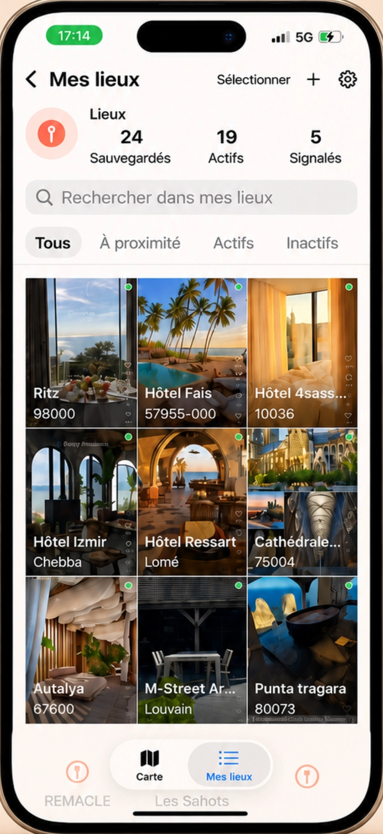 Bibliothèque Mes lieux de MemoSpot : plusieurs adresses enregistrées, une recherche, des filtres et des photos.