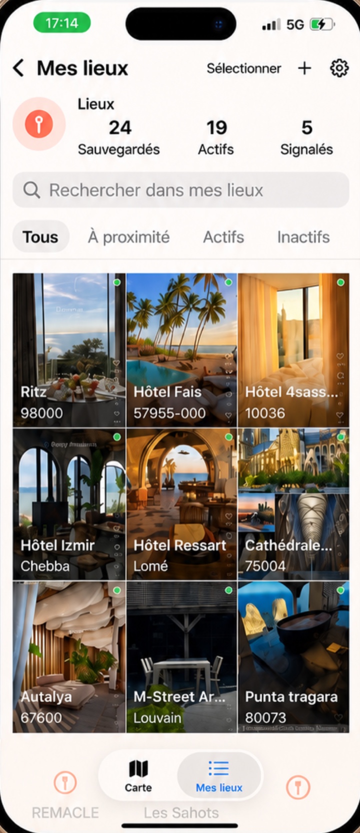 MemoSpot en français : bibliothèque Mes lieux avec les adresses enregistrées.